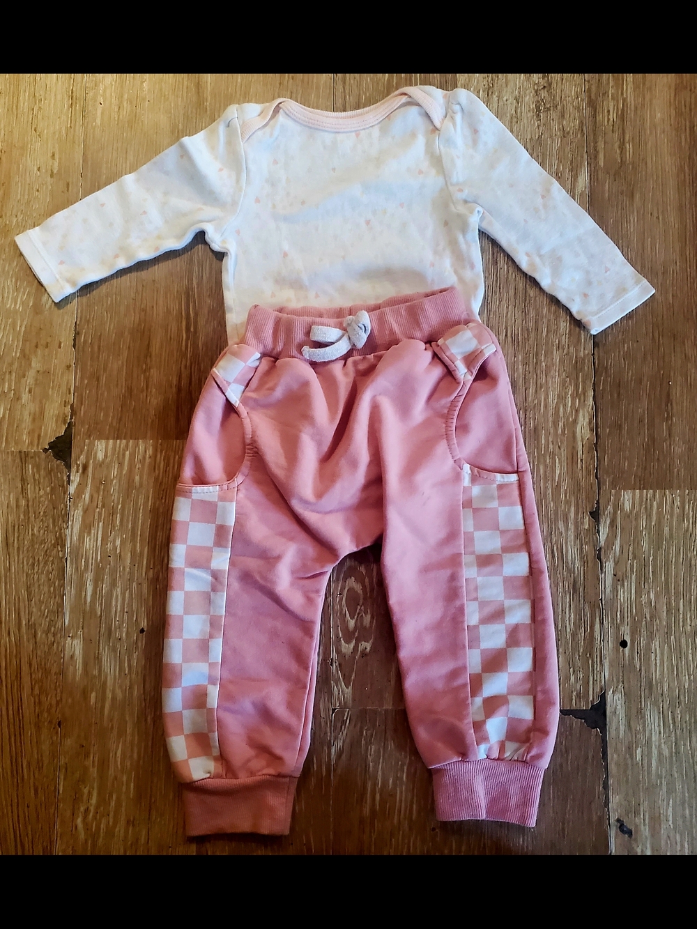 Baby Pink Checkered Joggers & White Long-Sleeve Bodysuit Set